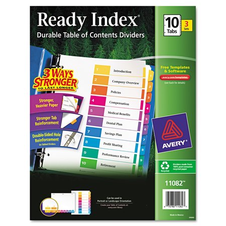 AVERY DENNISON Table of Contents Index Dividers 10 Tab, Recycled, PK3 11082